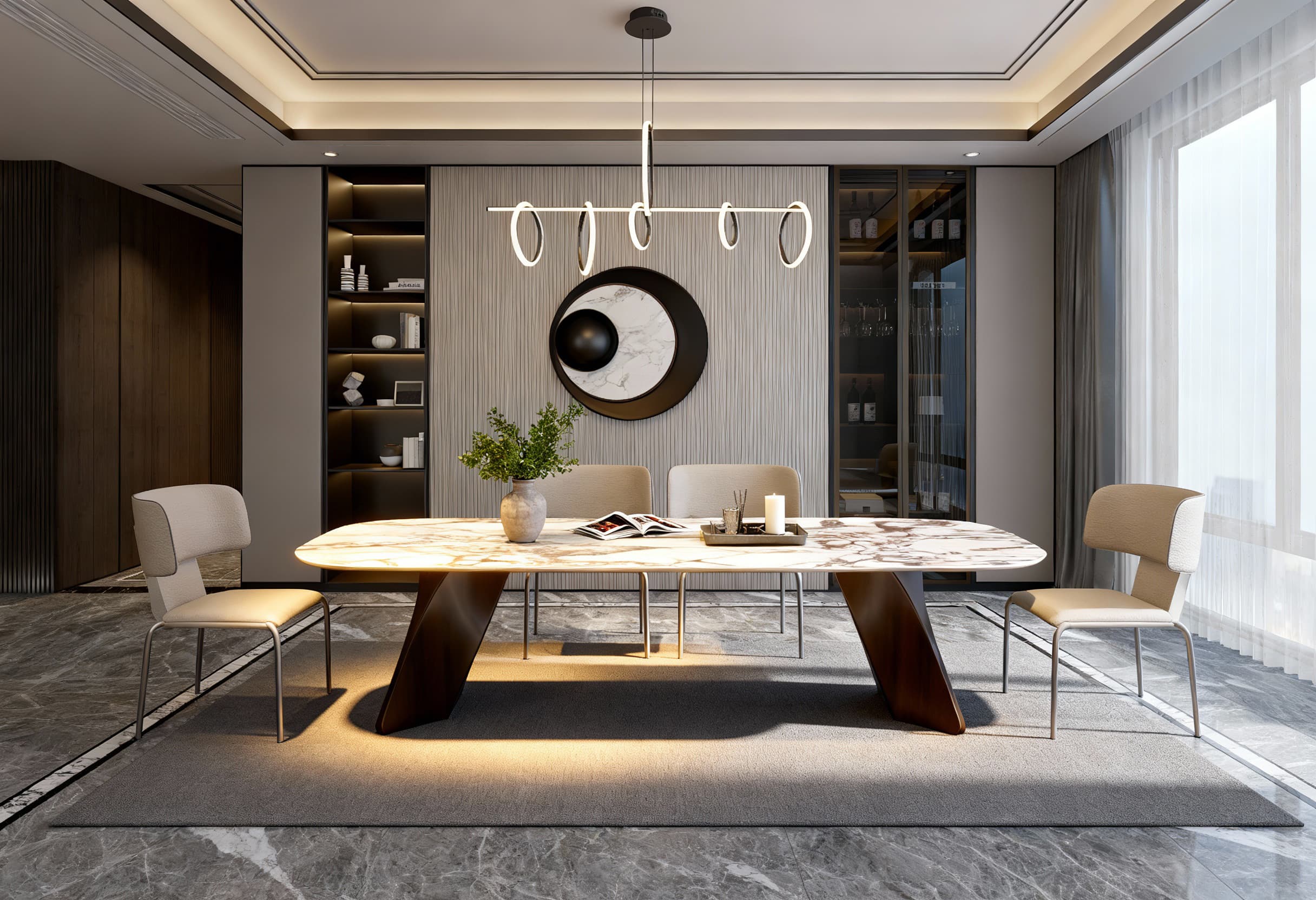 Contemporary dining table with a marble effect top on a sculptural bronze base, softly lit in a modern dining room