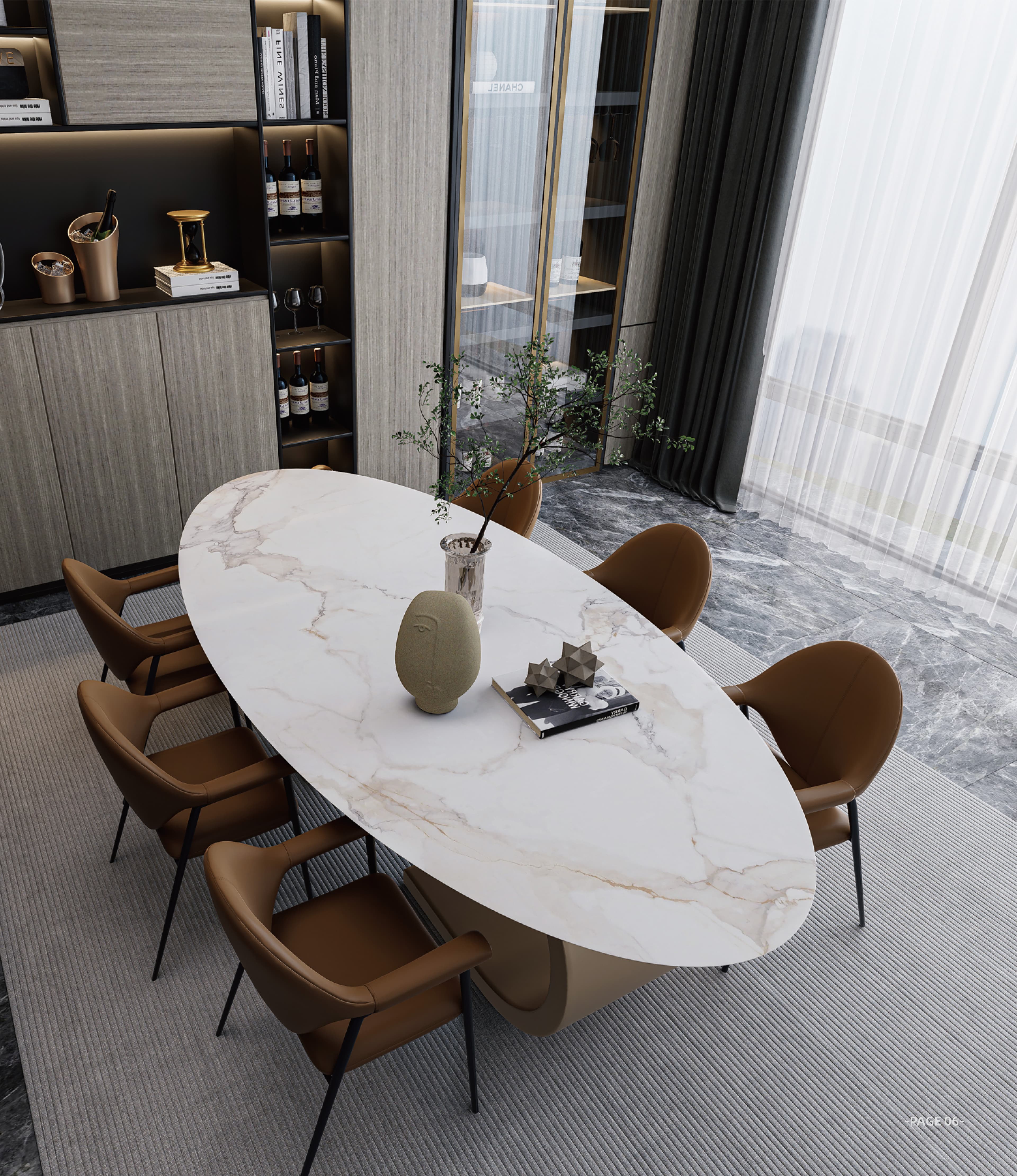 Oval white marble effect dining table seen from above with brown chairs around it