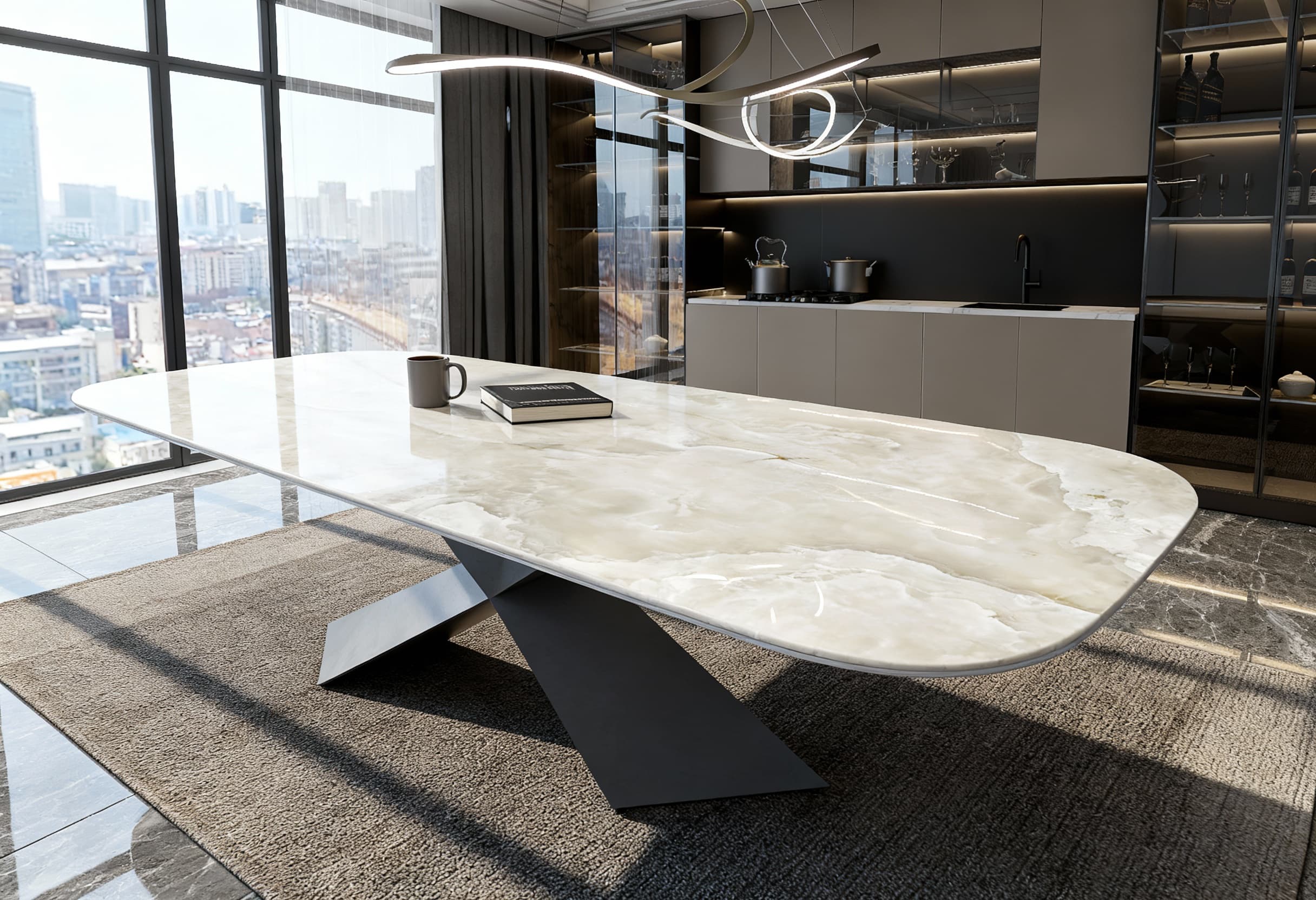 Modern dining table with a soft cream stone effect top on an angular graphite base by floor-to-ceiling windows