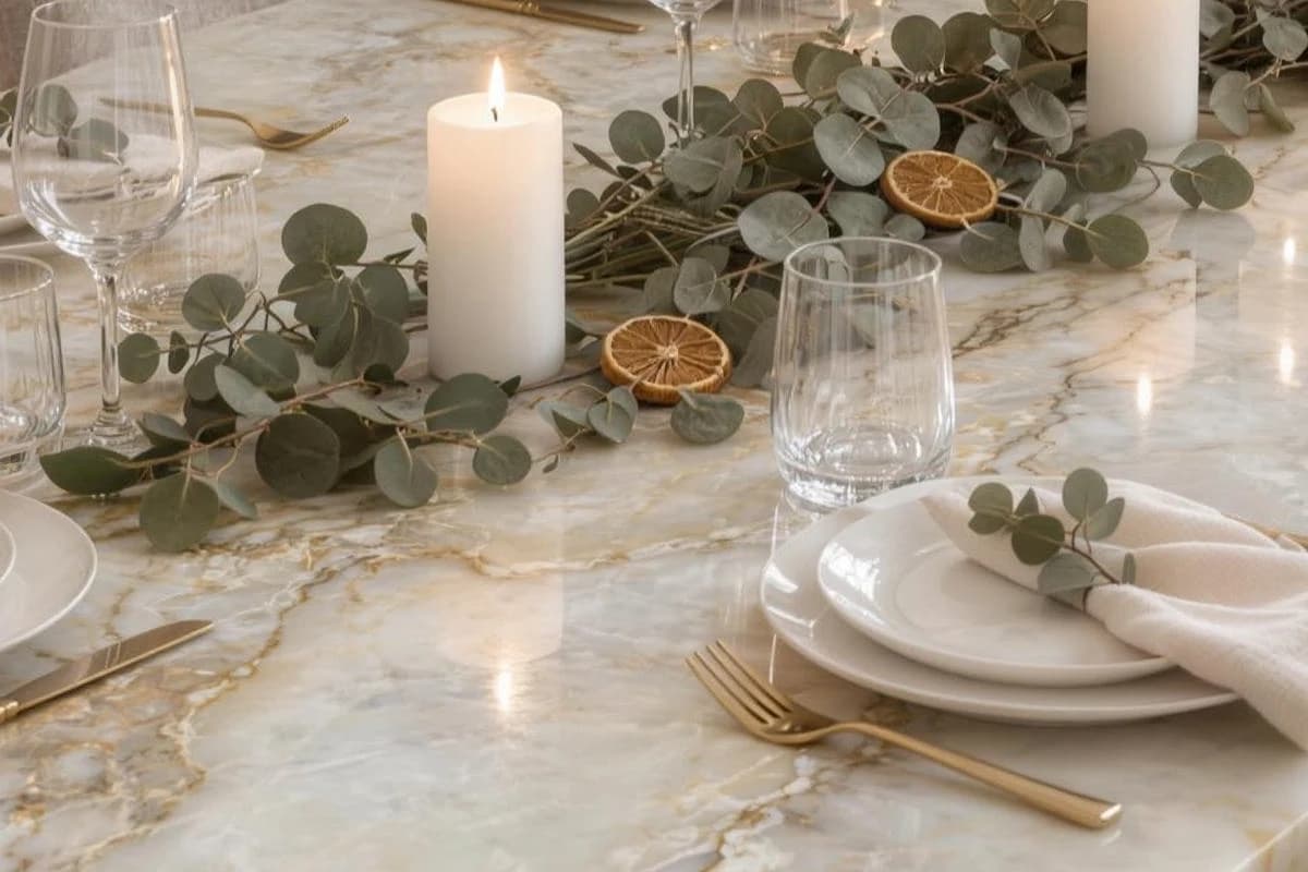 Close view of a Gold Onyx porcelain table set for Christmas, with a eucalyptus and dried orange garland, white pillar candles, cream linen napkins and brass cutlery on the bare stone
