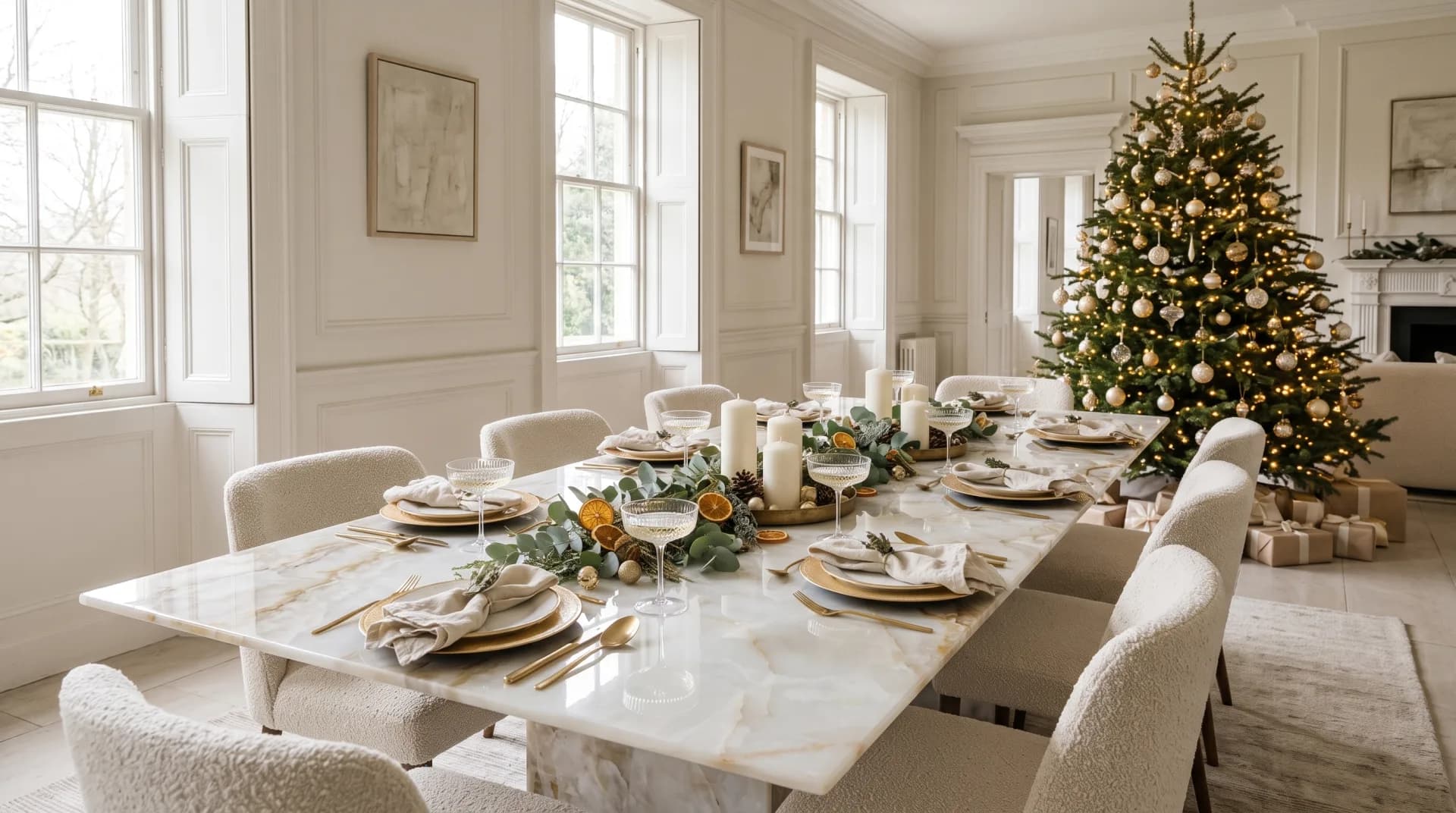 Gold Onyx porcelain dining table set for Christmas lunch in cream and gold, with gold-rimmed plates, champagne coupes, a eucalyptus and dried orange garland, cream bouclé chairs and a gold-dressed Christmas tree