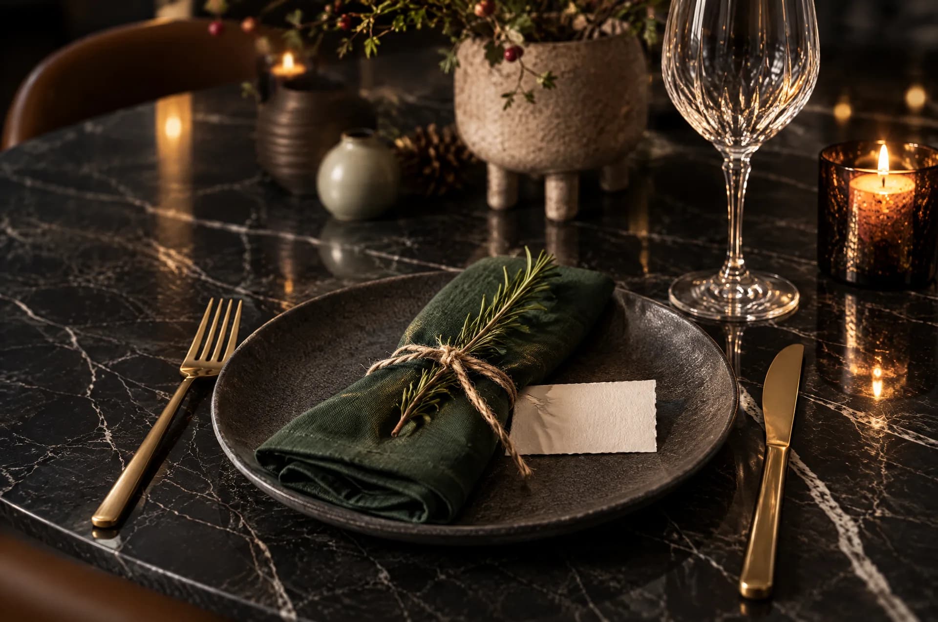 Christmas place setting on a black marble-effect porcelain top: charcoal plate, green linen napkin tied with rosemary and twine, and a blank place card
