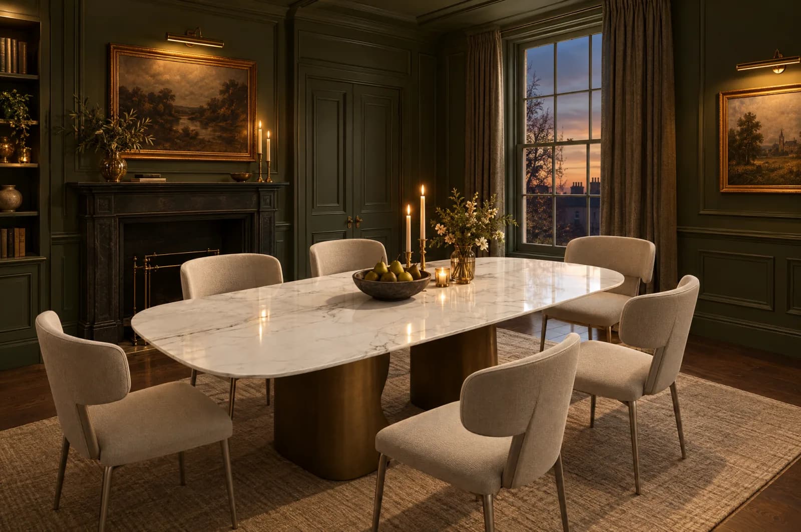 Olive green period dining room with a pale white marble-effect porcelain table on a dark bronze base, cream upholstered chairs, brass picture lights and dusk light at a sash window