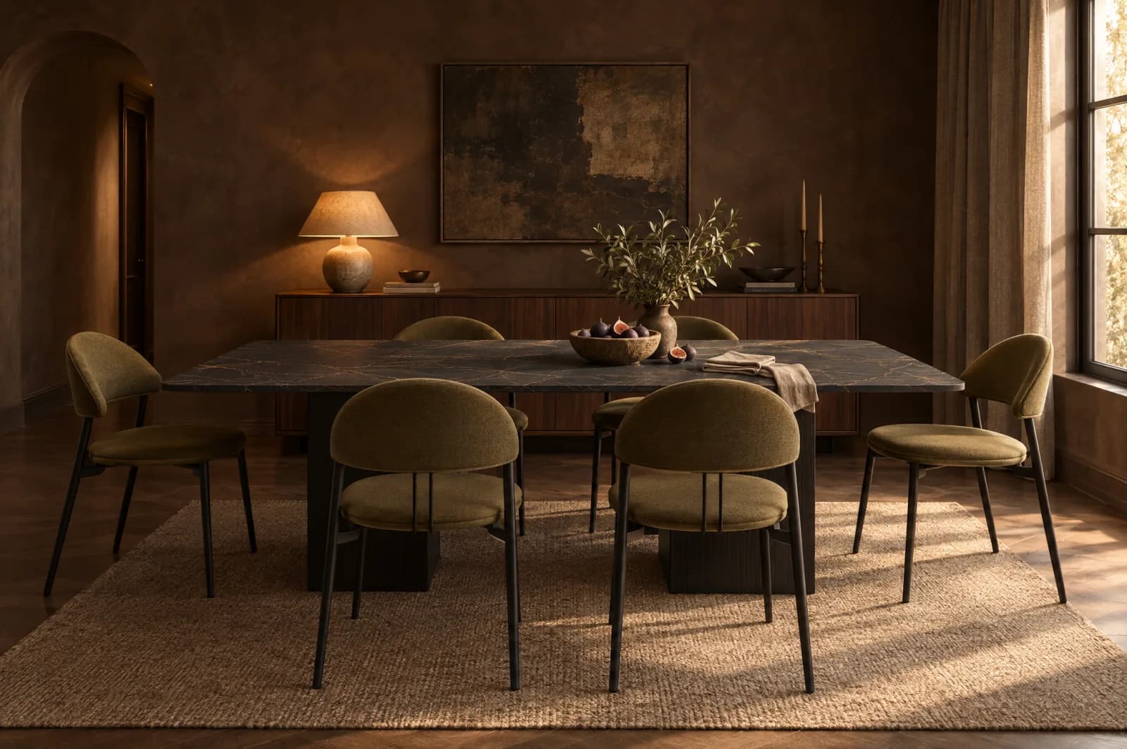 Chocolate brown limewashed dining room with a rectangular Sienna Bronze porcelain table, its matte charcoal top veined in copper, olive green upholstered chairs on black steel legs and a walnut sideboard