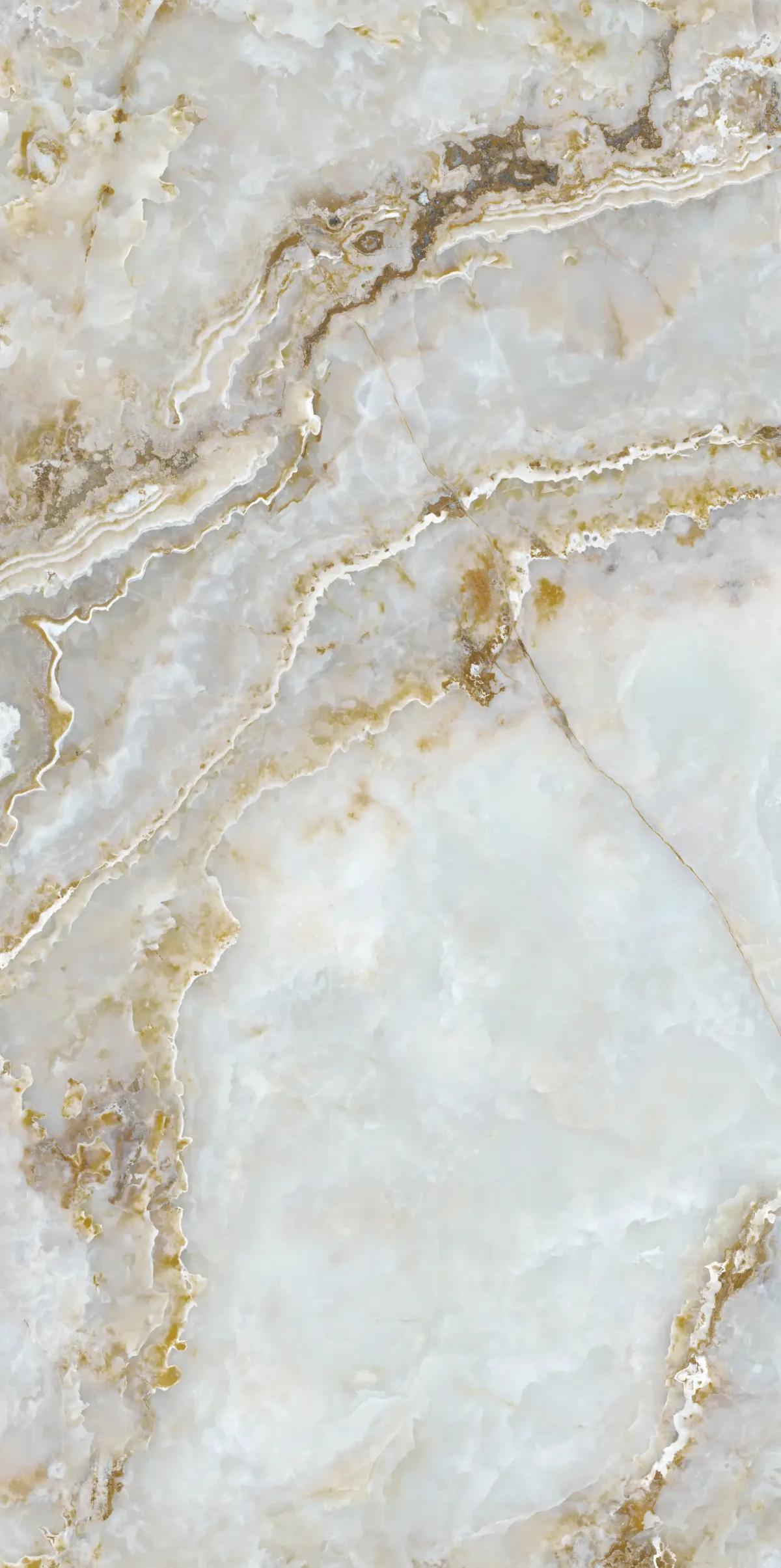 Gold Onyx porcelain slab in a polished finish, a pearly cream and pale green onyx surface banded with gold and amber veining