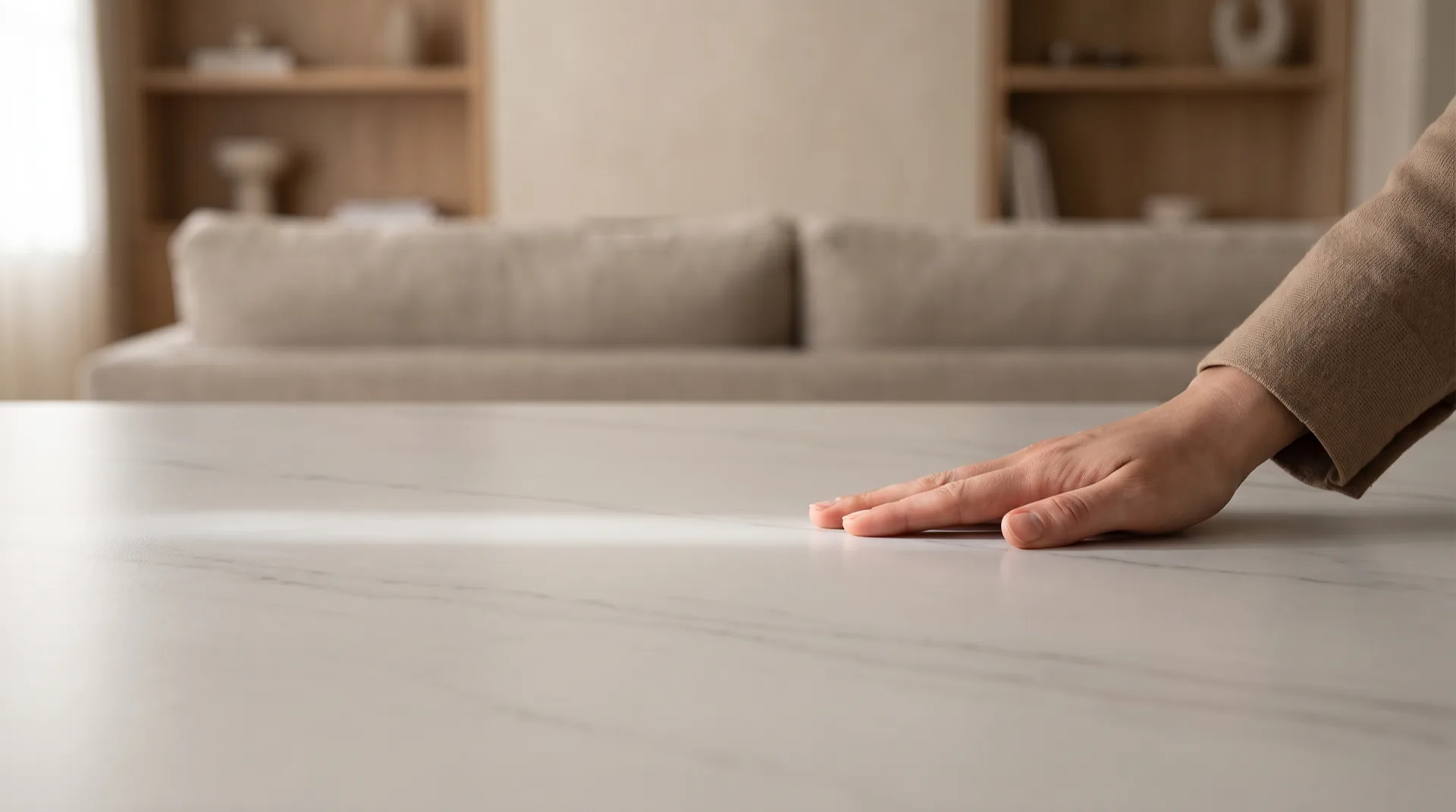 A hand gliding flat across a silk-finish porcelain dining table top, a soft band of window light rolling off the satin surface and fine grey veining showing beneath it