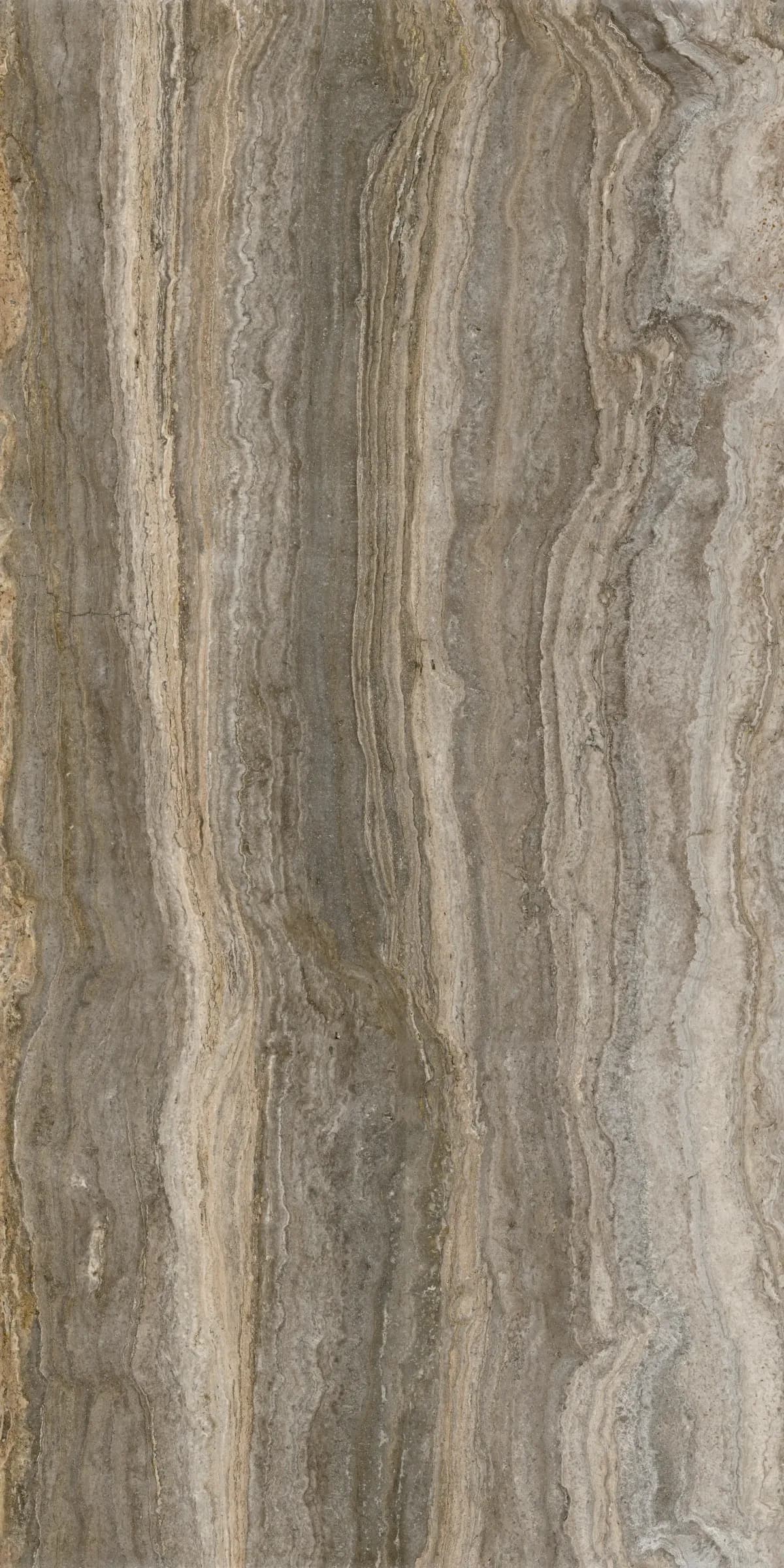 Noce porcelain slab in a natural matte finish, a warm grey and brown travertine surface with vertical banding