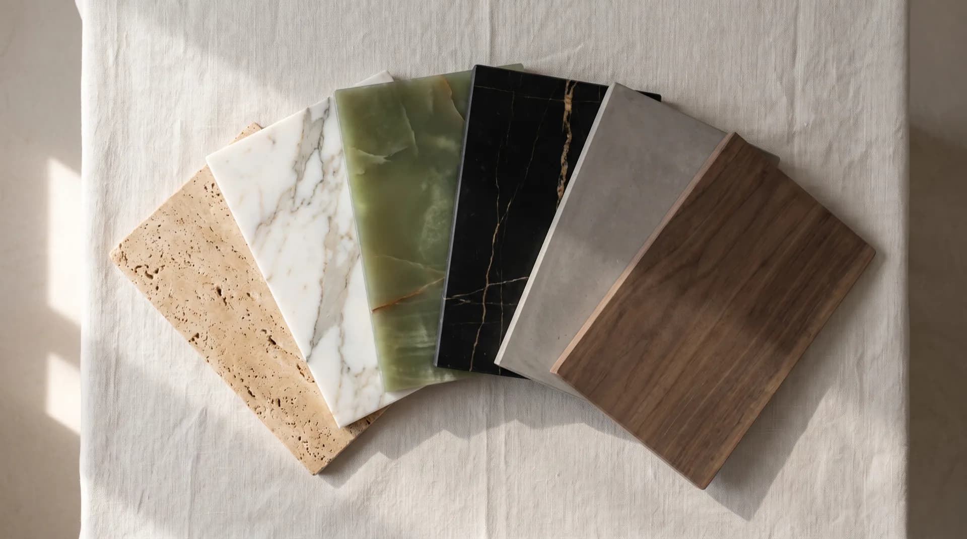 Six dining table surface samples fanned out on pale linen in raking daylight: travertine, white marble, green onyx, black with gold veining, concrete grey and walnut