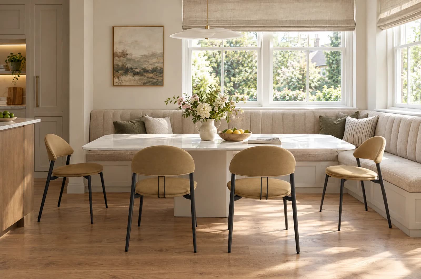 Built-in oatmeal upholstered banquette wrapping a bay window, with a white porcelain dining table in front and tan upholstered chairs with black steel legs on the open side