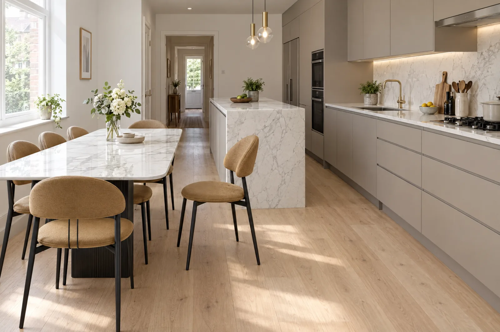 Long narrow kitchen diner with a white marble-effect porcelain dining table beside a marble island, one tan upholstered chair pulled out showing the walkway left between the table and the kitchen