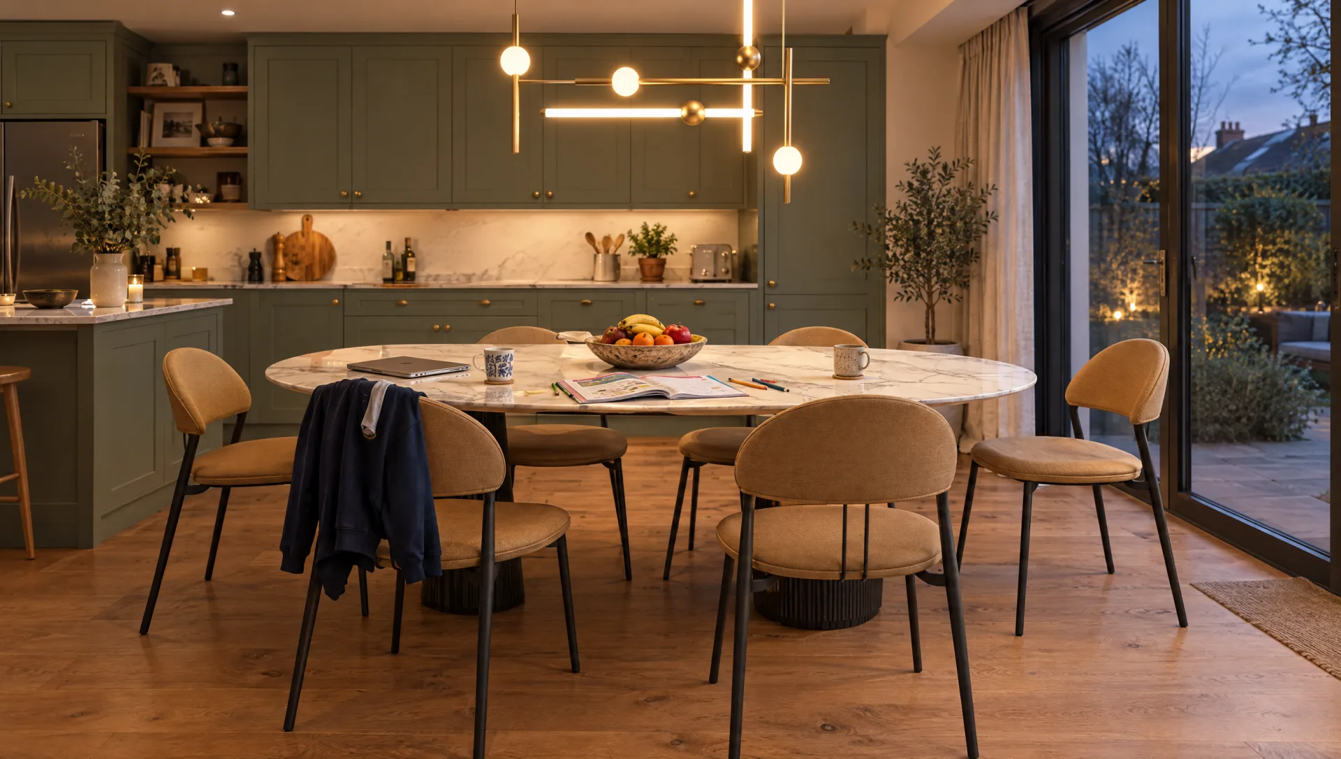 Oval white marble-effect porcelain dining table in a green Shaker kitchen diner at dusk, with tan upholstered chairs on black steel legs, a school jumper over one chair, homework, a laptop, mugs and a fruit bowl on the table