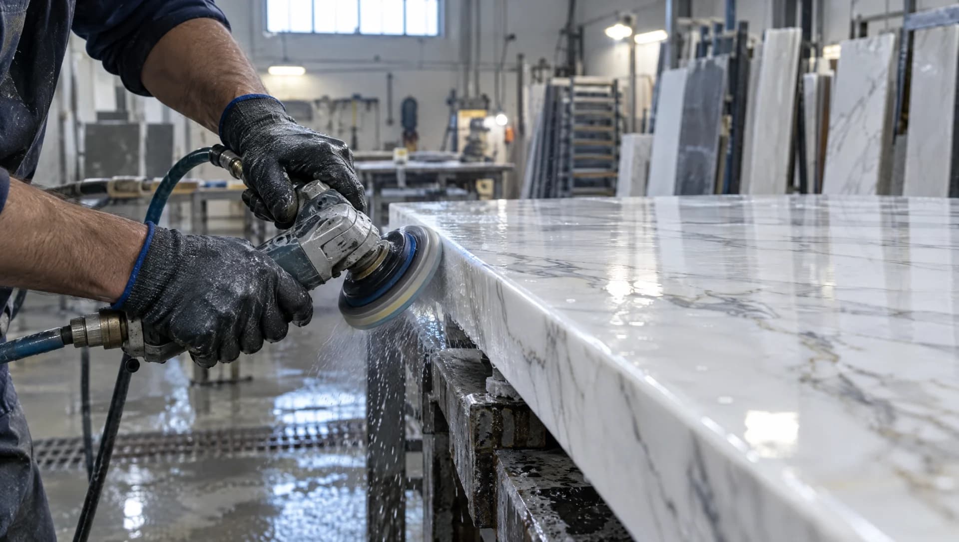 Gloved hands polishing the edge of a large white marble-effect porcelain slab with a handheld polisher, water spraying across the wet stone, racked slabs in the workshop behind